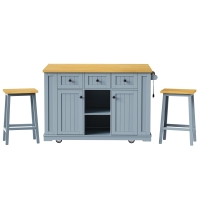 Kitchen Island with 2 Bar Stools, Power Outlet, Internal Racks, 5 Wheels, Drop Leaf, Adjustable Shelves, 53" L x 29.5" W x 36.5" H, Gray+Blue