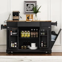 Fluted Kitchen Island with Trash Can Storage, Power Outlet, Internal Storage Rack, Rolling Design with 3 Drawers and Adjustable Shelves, Black(m-13)