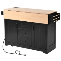 Kitchen Island with Dual Drop Leaf, 3 Drawers, 5 Wheels, Power Outlet, Adjustable Shelves, Spice and Towel Rack, 56" L x 34" W x 36.5" H, Black(m-14)