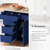 Mobile Kitchen Cart with 8 Handle-Free Drawers, 5 Wheels, Flatware Organizer, Central Island with Wood Countertop, 53" L x 18.5" W x 37" H, Blue(m-6)