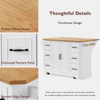 Kitchen Island with Power Outlet and Drop Leaf, 4 Door Shelves, Rolling Cart with Adjustable Shelves, Hidden Wheels, 55.5" L x 30" W x 36" H, White(m-6)