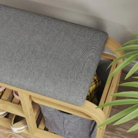 HOMCOM Bamboo Entryway Bench, Shoe Storage Bench with Cushion, Slat Shelves, Pull-Out Basket for Hallway, Entryway, Nature Wood(m-9)