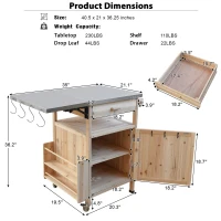 Outdoor Grill Cart with Stainless Steel Top, Storage Cabinet, Drop Leaf, Drawer, Towel Rack, Lockable Wheels, 40.5" L x 21" W x 36.3" H, Natural(m-3)