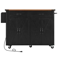 Farmhouse Kitchen Island with Storage Drawers, Power Outlet, Drop Leaf, Spice Rack, Rolling Cart on Wheels, 53.5" L x 29" W x 36.5" H, Black(m-2)