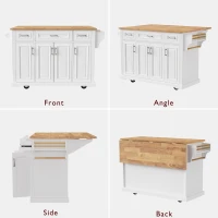 Kitchen Island Cart with Drop Leaf, 3 Drawers, Spice Rack, Rolling Kitchen Cart with Adjustable Shelves, 54" L x 29.5" W x 36" H, White(m-6)