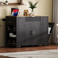 Fluted Kitchen Island with Trash Can Storage, Power Outlet, Internal Storage Rack, Rolling Design with 3 Drawers and Adjustable Shelves, Black(m-12)