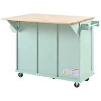 Kitchen Island Cart with 3 Drawers, 5 Wheels, Rubber Wood Drop-Leaf Countertop, Storage Cabinet, 53" L x 29.5" W x 37" H, Mint Green(m-16)