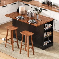 Farmhouse Kitchen Island with Tempered Glass Doors, Power Outlet, Rolling Cart with Drop Leaf, 5 Racks, 3 Drawers, 53" L x 29.5" W x 36" H, Black(m-12)