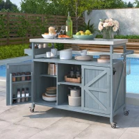 Outdoor Kitchen Island with Spice and Towel Rack, Lockable Wheels, Rolling Bar Cart with Stainless Steel Top, 50" L x 18.5" W x 36.5" H, Slate Blue(m-1)