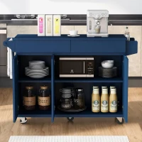 Kitchen Island with Drop Leaf, Rolling Cart with Spice and Towel Rack, 2 Drawers, Adjustable Shelves, 53.5" L x 27.5" W x 36.5" H, Navy Blue(m-10)