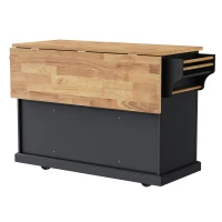 Kitchen Island Cart with Rubber Wood Drop Leaf, Embossed Texture, Rolling Cart with 4 Doors, 3 Drawers, Adjustable Shelves, Black(m-16)