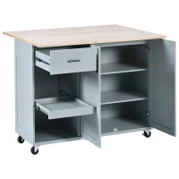 Kitchen Island Cart with Foldable Countertop, Adjustable Shelves, Towel Rack, Drawer, and Lockable Wheels, 49" L x 33.2" W x 37.5" H, Gray+Blue(m-14)