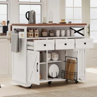 Farmhouse Kitchen Island Cart with Beaded Drape, Power Outlet, Drop Leaf, Rolling Wheels, 3 Doors, 3 Drawers, Adjustable Shelves, White(m-10)