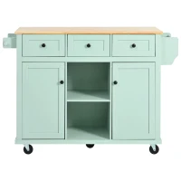 Kitchen Island Cart with 3 Drawers, 5 Wheels, Rubber Wood Drop-Leaf Countertop, Storage Cabinet, 53" L x 29.5" W x 37" H, Mint Green(m-2)