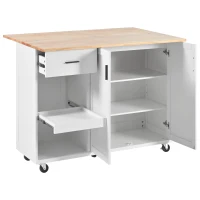 Kitchen Island Cart with Foldable Countertop, Adjustable Shelves, Towel Rack, Drawer, and Lockable Wheels, 49" L x 33.2" W x 37.5" H, White(m-15)