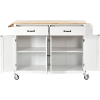 Kitchen Island Cart with 4-Door Cabinet, 2 Drawers, Solid Wood Top, Spice and Towel Racks, Locking Wheels, 54.5" L x 18.5" W x 36" H, White(m-14)