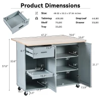 Kitchen Island Cart with Foldable Countertop, Adjustable Shelves, Towel Rack, Drawer, and Lockable Wheels, 49" L x 33.2" W x 37.5" H, Gray+Blue(m-3)