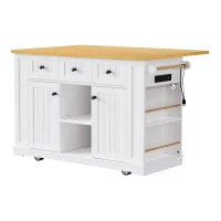 5-Wheel Kitchen Island Set with 2 Bar Stools, Shelves and Drawers, Power Outlet, Internal Rack, Utility Island with Drop Leaf, Bamboo Sticks, White(m-14)