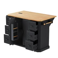 Rolling Kitchen Island Cart with Drop Leaf, Power Outlet, 4 Door Shelves, 6 Drawers, Adjustable Shelves, Spice Rack, 55.5" L x 30" W x 36" H, Black(m-16)