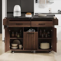Kitchen Cart with Trash Can Storage, Drop Leaf, Spice and Towel Rack, Central Island with Rolling Wheels, 51" L x 31.5" W x 35" H, Walnut Brown(m-10)
