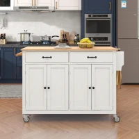 Kitchen Island Cart with 4-Door Cabinet, 2 Drawers, Solid Wood Top, Spice and Towel Racks, Locking Wheels, 54.5" L x 18.5" W x 36" H, White(m-1)