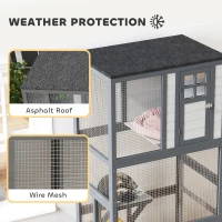 PawHut 74" Wooden Outdoor Cat House Weatherproof & Wheeled with High Weight Capacity, Kitten Cage Condo, Light Grey(m-5)