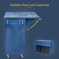 Farmhouse Kitchen Island with Drop Leaf, Rolling Cart on Wheels, 3D Wave Stripes Ash Veneer, Internal Rack, Adjustable Shelves, Navy Blue(m-6)