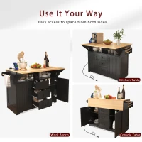 Kitchen Island with Dual Drop Leaf, 3 Drawers, 5 Wheels, Power Outlet, Adjustable Shelves, Spice and Towel Rack, 56" L x 34" W x 36.5" H, Black(m-5)
