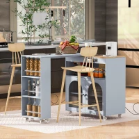 Extended LED Kitchen Island with Power Outlets, Adjustable Shelves, Central Island with Fluted Glass Doors, 56.5" L x 33" W x 38" H, Slate Blue(m-11)