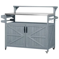Outdoor Kitchen Island with Raised Shelf, Storage Cabinet, Stainless Steel Top, Rolling Grill Cart with Adjustable Shelves, Spice Rack, Grey+Blue(m-15)