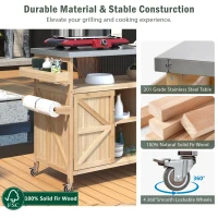Outdoor Kitchen Island with Stainless Steel Top, Spice and Towel Rack, Rolling Bar Cart with Lockable Wheels, 50" L x 18.5" W x 36.5" H, Natural(m-6)