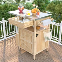 Outdoor Grill Cart with Stainless Steel Top, Storage Cabinet, Drop Leaf, Drawer, Towel Rack, Lockable Wheels, 40.5" L x 21" W x 36.3" H, Natural(m-10)