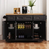 Kitchen Island Cart with Rubber Wood Drop Leaf, Embossed Texture, Rolling Cart with 4 Doors, 3 Drawers, Adjustable Shelves, Black(m-11)