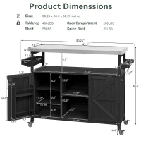 Outdoor Kitchen Island Cart, Rolling Bar Cart with Stainless Steel Top, Spice Rack, Towel Rack, Lockable Wheels, 50" L x 18.5" W x 36.5" H, Black(m-3)