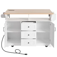 Kitchen Island Cart with Dual Drop Leaf, Power Outlet, Adjustable Shelves, Spice and Towel Rack, 3 Drawers, 56" L x 34" W x 36.5" H, White(m-15)