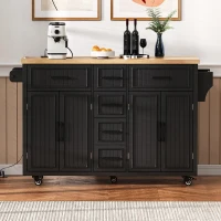 Kitchen Island with Drop Leaf and Power Outlet, Rolling Kitchen Cart on Wheels with 4 Doors, 5 Deep Drawers, Adjustable Shelves, Towel Rack, Black(m-1)