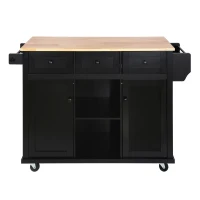 Kitchen Cart with 5 Wheels, 3 Drawers, Storage Cabinets, Central Island with Rubberwood Drop-Leaf Countertop, 53" L x 29.5" W x 37" H, Black(m-2)