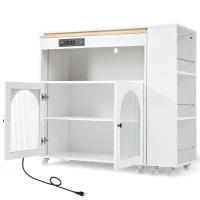 LED Kitchen Island with Extended Table, Power Outlets, Fluted Glass Doors, Utility Cart with Shelves and Cabinet, 56.5" L x 33" W x 38" H, White(m-14)