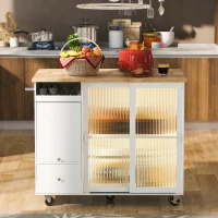 Kitchen Cart with Drop Leaf, LED Light, Sliding Glass Doors, Adjustable Shelf, Central Island with Rolling Wheels, 44" L x 27" W x 37" H, White(m-1)