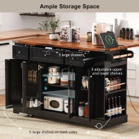 Farmhouse Kitchen Island with Tempered Glass Doors, Power Outlet, Rolling Cart with Drop Leaf, 5 Racks, 3 Drawers, 53" L x 29.5" W x 36" H, Black(m-4)