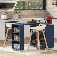 LED Kitchen Island with Extended Table, Power Outlets, Storage Shelves, Utility Cart with Fluted Glass Doors, 56.5" L x 33" W x 38" H, Navy Blue(m-11)