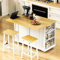 Kitchen Island with 2 Bar Stools, Power Outlet, Internal Rack, 5 Wheels, Drop Leaf, 2 Drawers, Adjustable Shelves, 48" L x 29.5" W x 37" H, White(m-1)