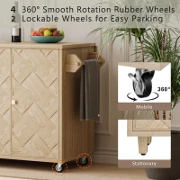 Coastal Kitchen Island Cart with Drop Leaf, Handwoven Ash Veneer Doors, Adjustable Shelves, Lockable Wheels, 51" L x 29.5" W x 36" H, Natural(m-4)