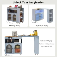 Extended LED Kitchen Island with Power Outlets, Adjustable Shelves, Central Island with Fluted Glass Doors, 56.5" L x 33" W x 38" H, Slate Blue(m-7)