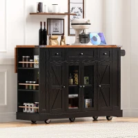 Farmhouse Kitchen Island with Tempered Glass Doors, Power Outlet, Rolling Cart with Drop Leaf, 5 Racks, 3 Drawers, 53" L x 29.5" W x 36" H, Black(m-1)
