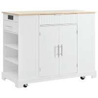 Fluted Kitchen Island with Trash Can Storage, Power Outlet, Internal Rack, Rolling Cart on 5 Wheels with 3 Drawers, 3 Open Side Racks, White