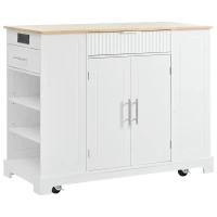 Fluted Kitchen Island with Trash Can Storage, Power Outlet, Internal Rack, Rolling Cart on 5 Wheels with 3 Drawers, 3 Open Side Racks, White(m-2)