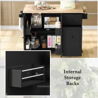 Kitchen Island with 3-Tier Pull-Out Cabinet Organizer, Wood Drop Leaf, Storage Racks, Rolling Cart on Wheels, 54" L x 29" W x 37" H, Black(m-4)