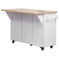 Kitchen Island with Drop Leaf and Power Outlet, Rolling Cart on Wheels, 4 Doors, Adjustable Shelves, Perfect for Kitchen and Dining Room, White(m-16)