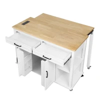 Kitchen Island with Extendable Dining Table, Rubber Wood Veneer, Internal Rack, Power Outlet, 2 Drawers, 2 Cabinets, 47" L x 33.5" W x 37" H, White(m-14)